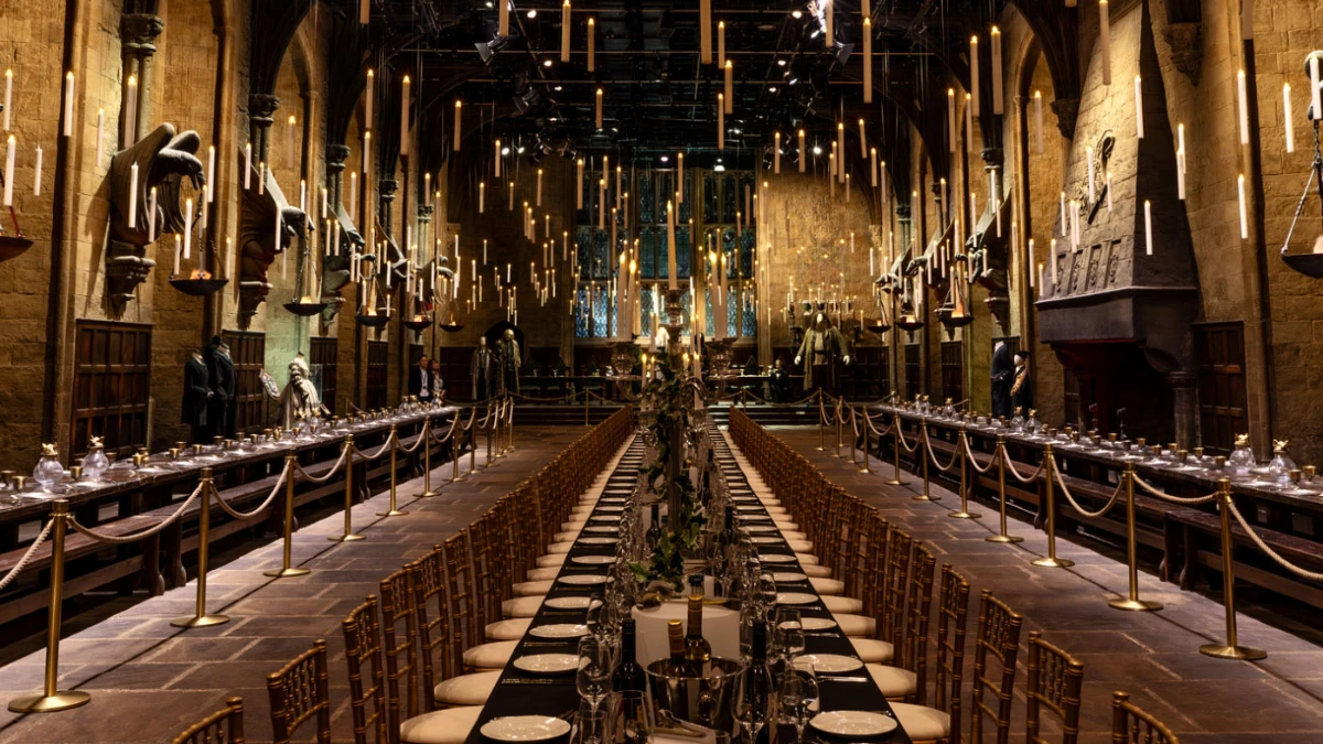 Dinner in the great hall set at the Harry Potter studio in London