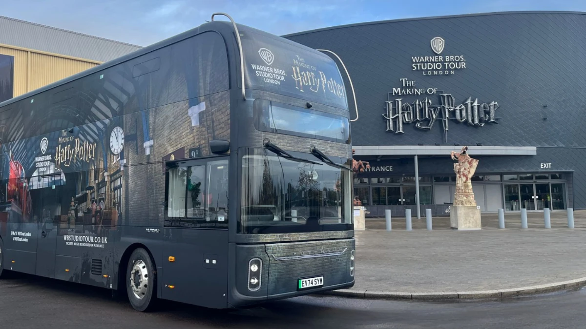 The branded Harry Potter bus at the entrance of Warner Bros studio London