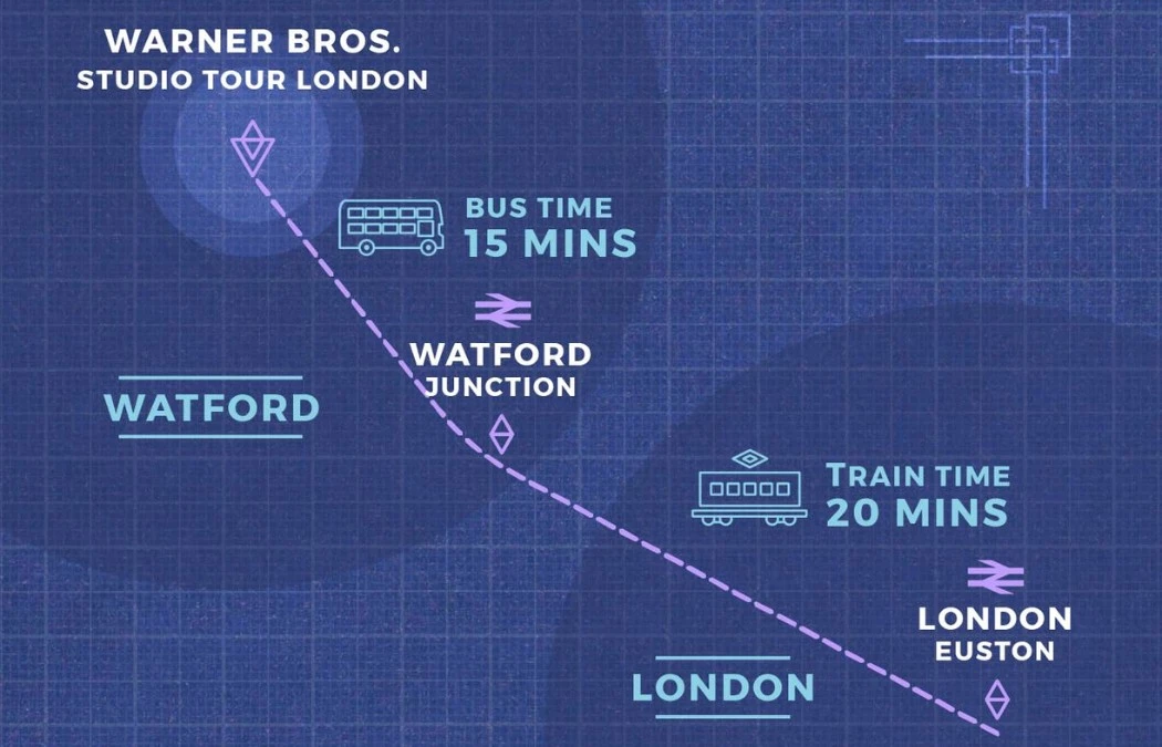 Map of ways to reach by train and bus to Warner Bros. studio London